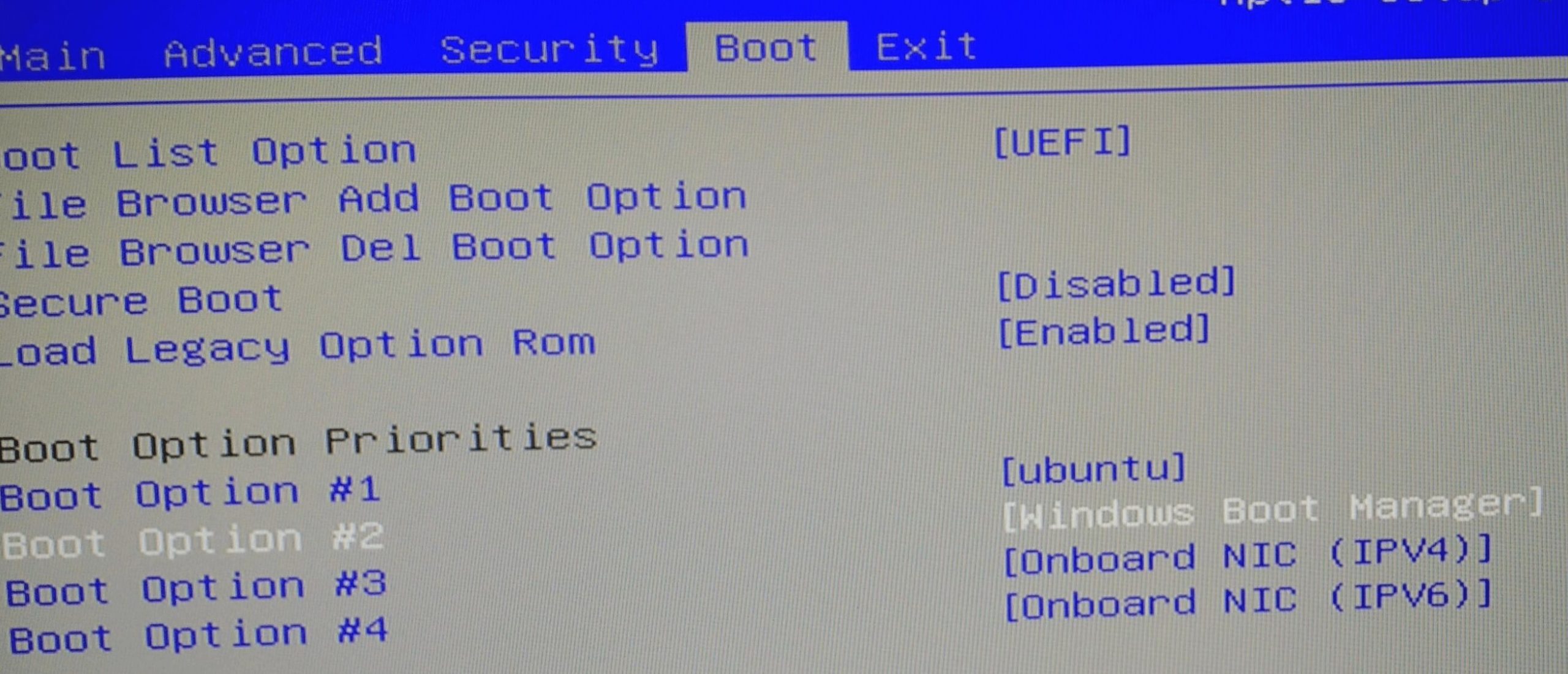 The computer BIOS setup interface displays boot options, with UEFI highlighted. 'Secure Boot' is enabled, and 'Load Legacy Option Rom' is disabled. Boot priorities are listed: 1. Ubuntu, 2. Windows Boot Manager, enabling secure environments to potentially retrieve deleted images efficiently.